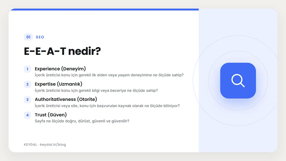 E-E-A-T nedir? Experience (Deneyim), Expertise (Uzmanlık), Authoritativeness (Otorite), Trust (Güven)
