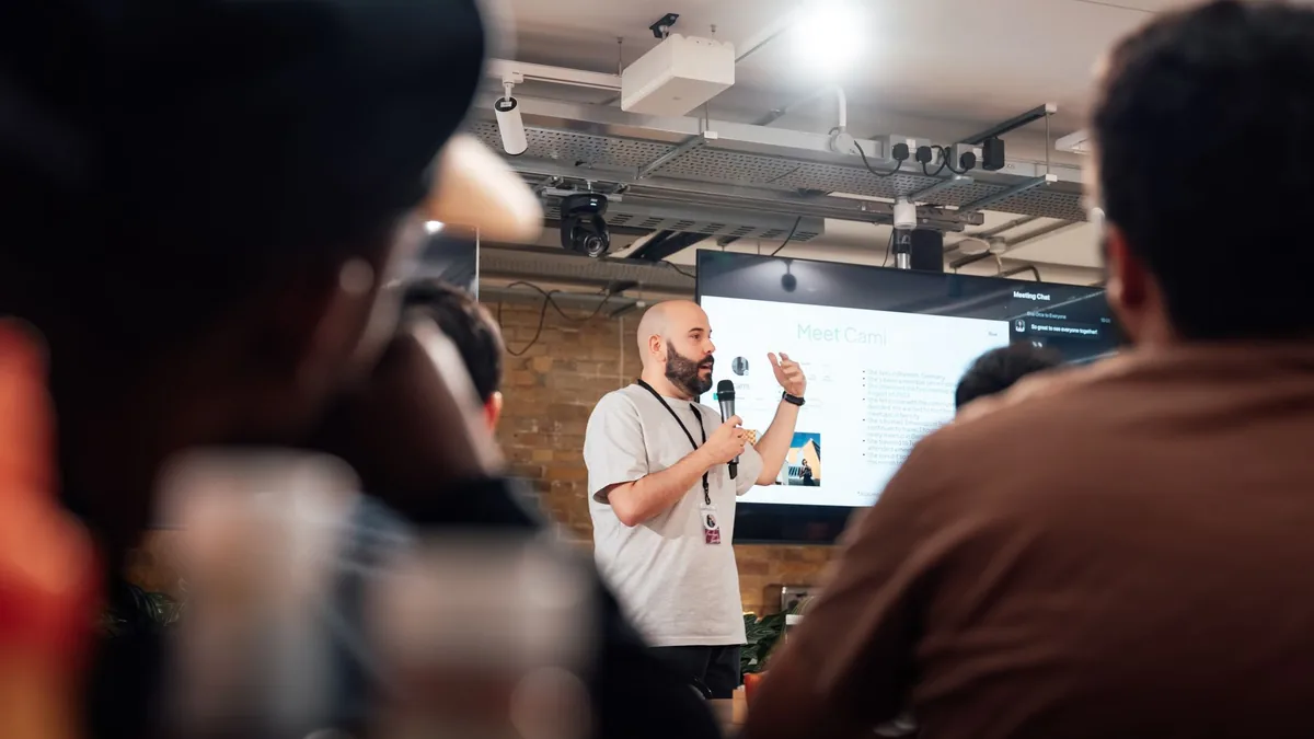 Engaging speaker presenting to an attentive audience dur