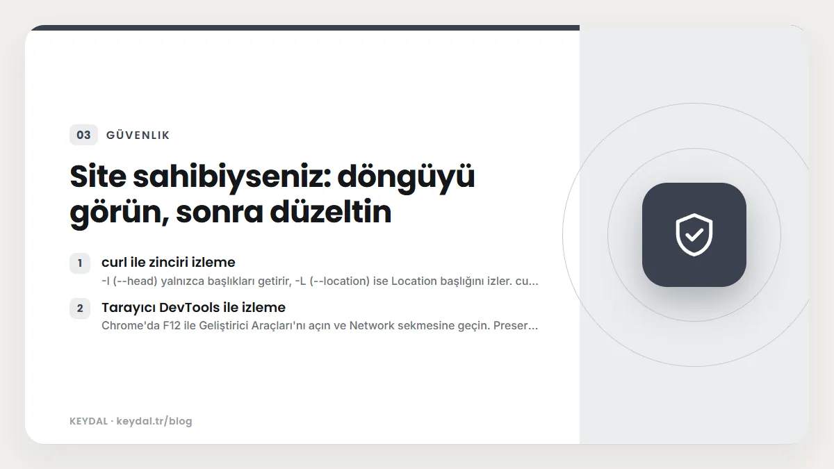 Site sahibiyseniz: döngüyü görün, sonra düzeltin: curl ile zinciri izleme, Tarayıcı DevTools ile izleme
