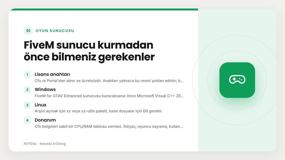 FiveM sunucu kurmadan önce bilmeniz gerekenler: Lisans anahtarı, Windows, Linux, Donanım