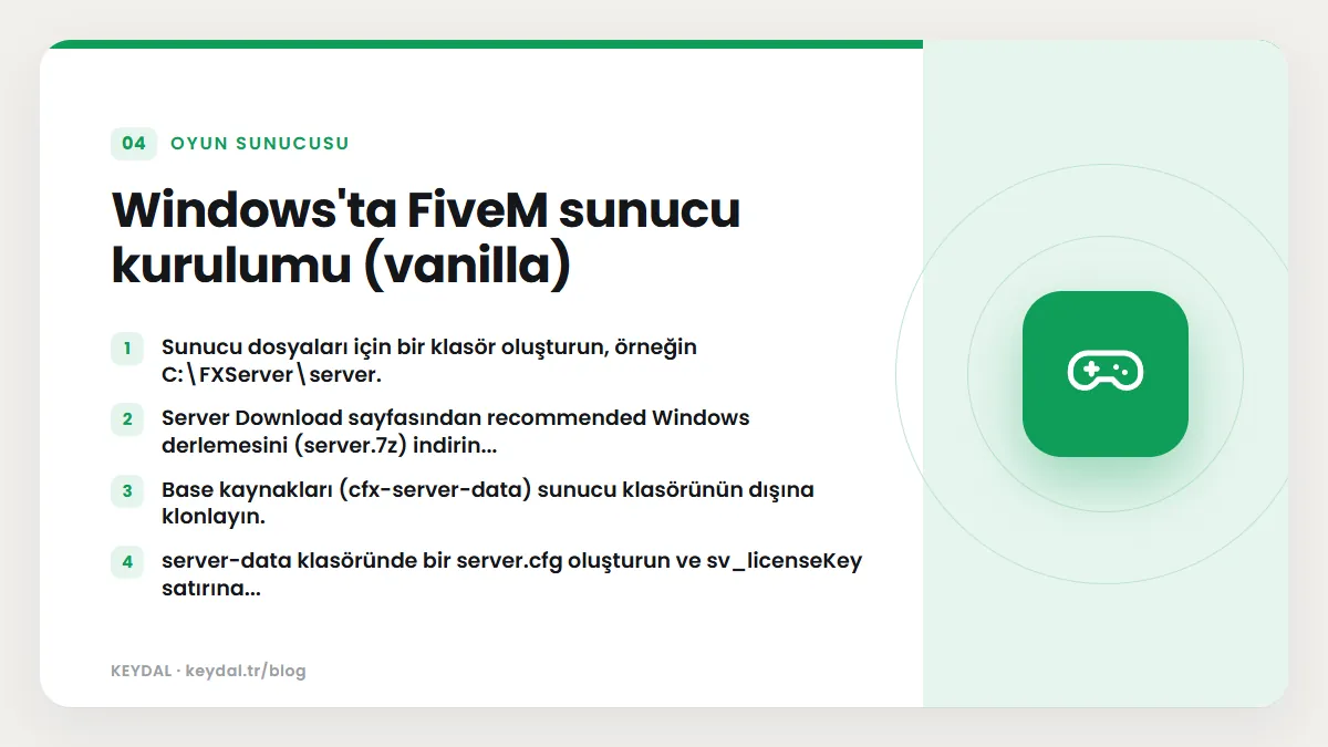 Windows'ta FiveM sunucu kurulumu (vanilla): Sunucu dosyaları için bir klasör oluşturun, örneğin C:\FXServer\server., Server Download sayfasından recommended Windows derlemesini...