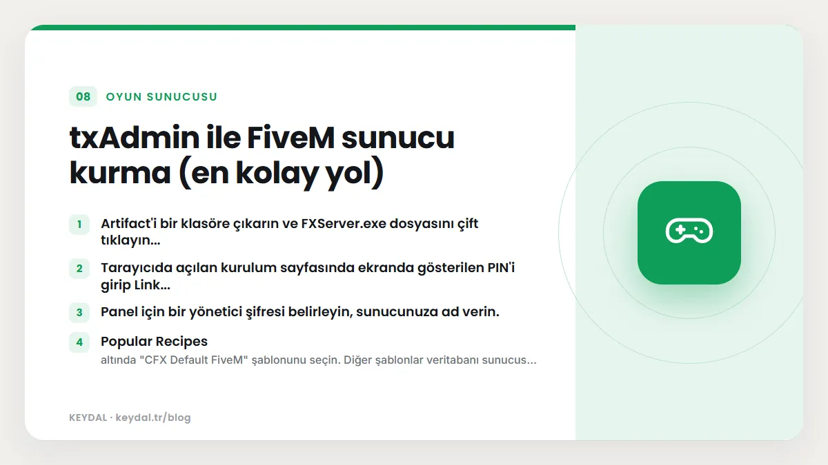 txAdmin ile FiveM sunucu kurma (en kolay yol): Artifact'i bir klasöre çıkarın ve FXServer.exe dosyasını çift tıklayın..., Tarayıcıda açılan kurulum sayfasında ekranda gösterilen...