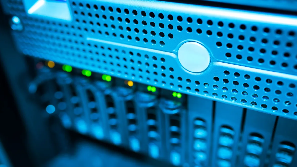 Focused view of a modern data server rack with blinking