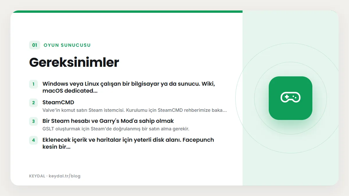 Gereksinimler: Windows veya Linux çalışan bir bilgisayar ya da sunucu. Wiki, macOS dedicated..., SteamCMD, Bir Steam hesabı ve Garry's Mod'a sahip olmak, Eklenecek içerik ve...