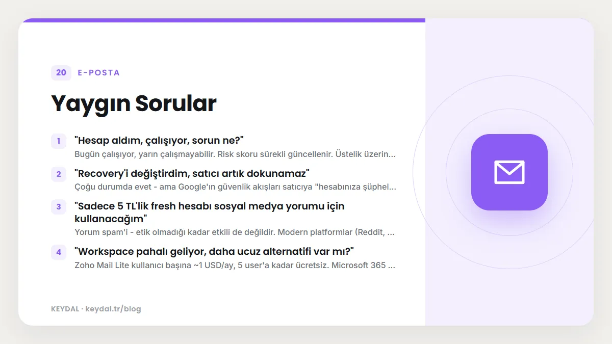 Yaygın Sorular: "Hesap aldım, çalışıyor, sorun ne?", "Recovery'i değiştirdim, satıcı artık dokunamaz", "Sadece 5 TL'lik fresh hesabı sosyal medya yorumu için kullanacağım"...