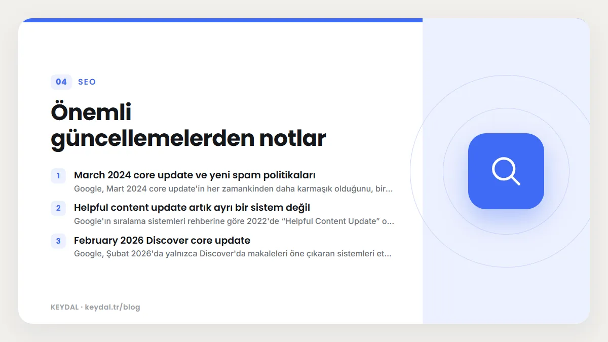 Önemli güncellemelerden notlar: March 2024 core update ve yeni spam politikaları, Helpful content update artık ayrı bir sistem değil, February 2026 Discover core update