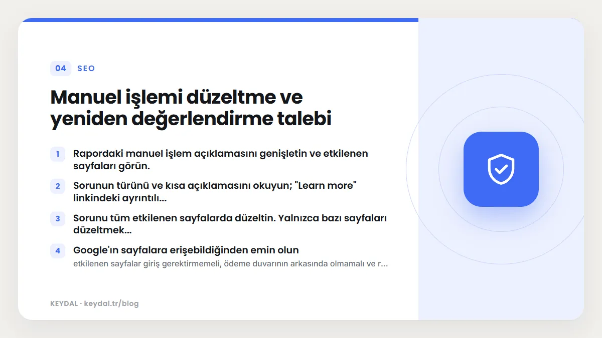 Manuel işlemi düzeltme ve yeniden değerlendirme talebi: Rapordaki manuel işlem açıklamasını genişletin ve etkilenen sayfaları görün., Sorunun türünü ve kısa açıklamasını okuyun...
