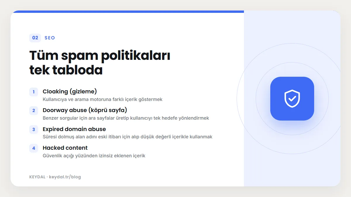 Tüm spam politikaları tek tabloda: Cloaking (gizleme), Doorway abuse (köprü sayfa), Expired domain abuse, Hacked content