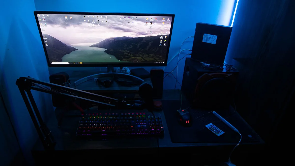 High angle view of a gaming desk with monitor keyboard a