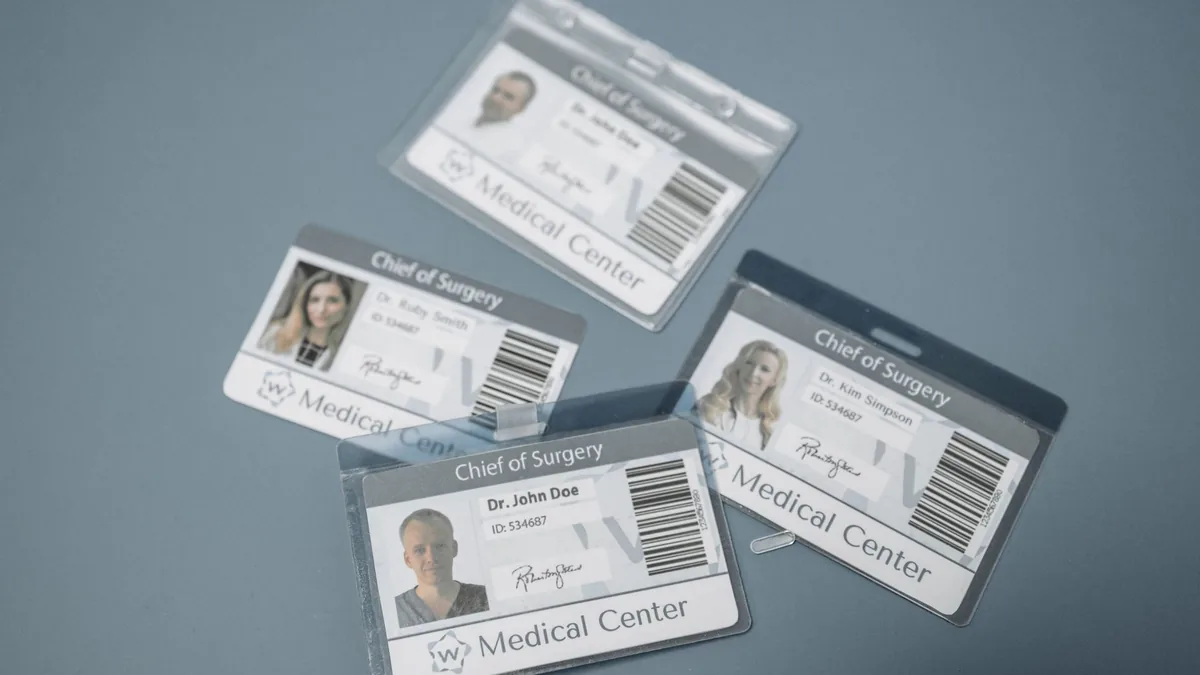 High angle view of medical id badges for chief surgeons
