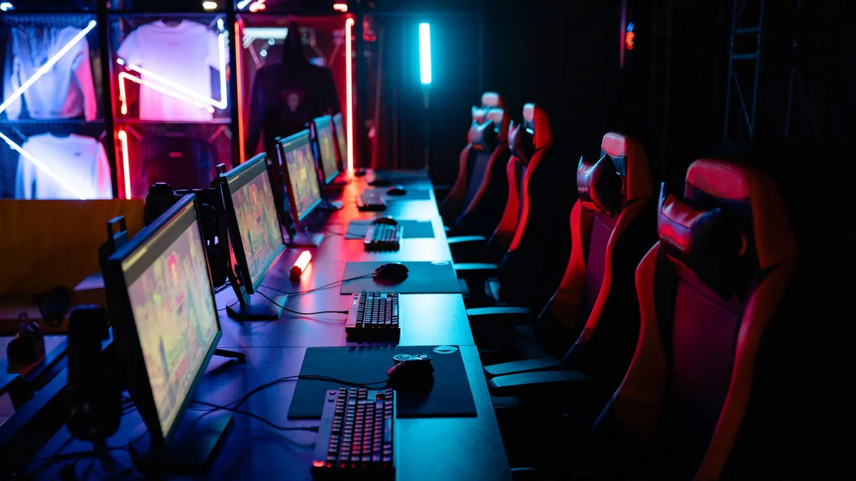 High tech gaming setup with pcs rgb lighting and gaming