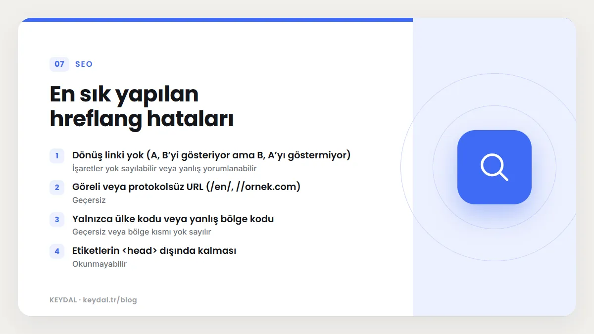 En sık yapılan hreflang hataları: Dönüş linki yok (A, B’yi gösteriyor ama B, A’yı göstermiyor), Göreli veya protokolsüz URL (/en/, //ornek.com), Yalnızca ülke kodu veya yanlış...