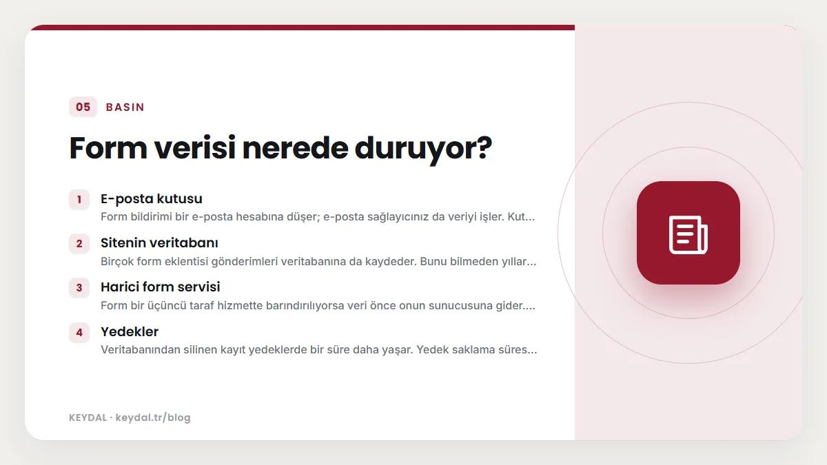 Form verisi nerede duruyor? E-posta kutusu, Sitenin veritabanı, Harici form servisi, Yedekler