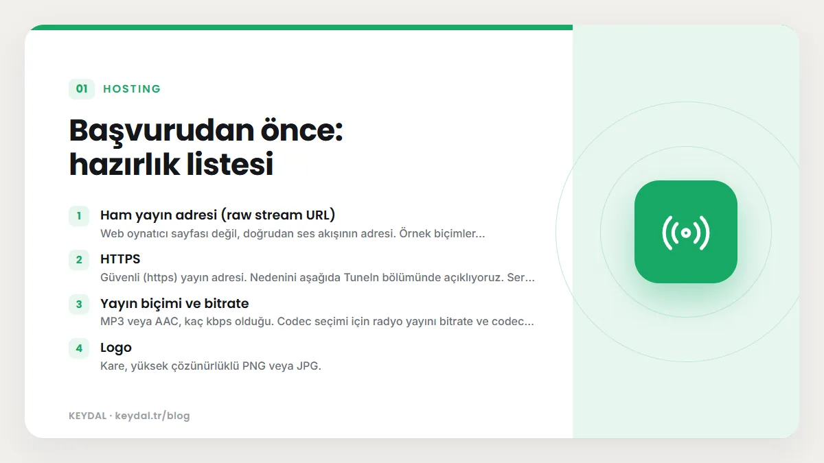Başvurudan önce: hazırlık listesi: Ham yayın adresi (raw stream URL), HTTPS, Yayın biçimi ve bitrate, Logo