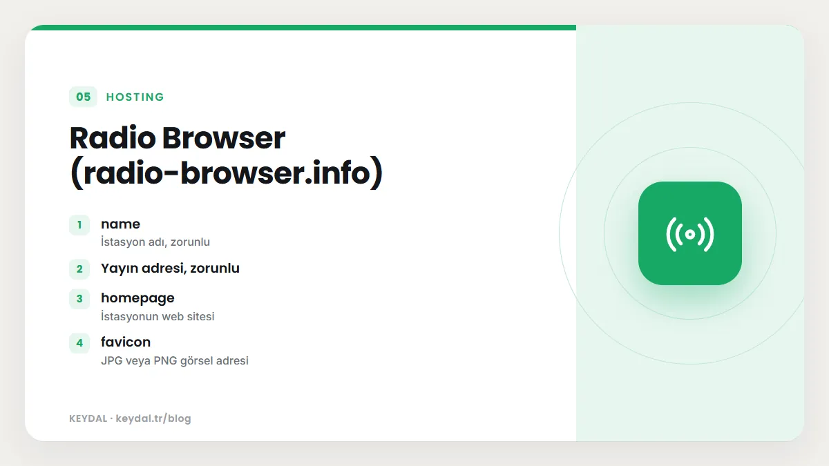 Radio Browser (radio-browser.info): name, Yayın adresi, zorunlu, homepage, favicon