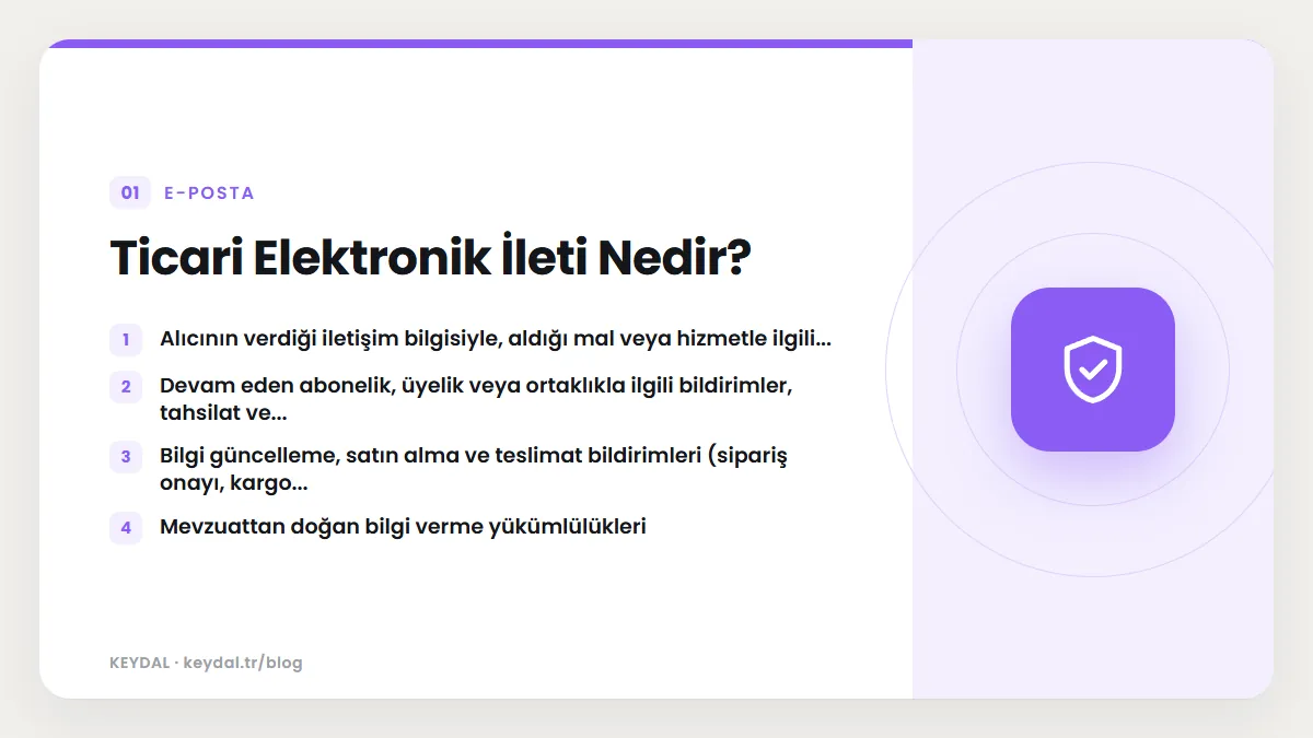 Ticari Elektronik İleti Nedir? Alıcının verdiği iletişim bilgisiyle, aldığı mal veya hizmetle ilgili..., Devam eden abonelik, üyelik veya ortaklıkla ilgili bildirimler, tahsilat...