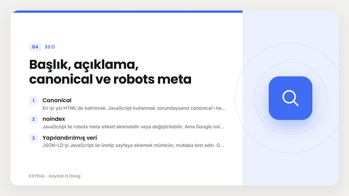 Başlık, açıklama, canonical ve robots meta: Canonical, noindex, Yapılandırılmış veri