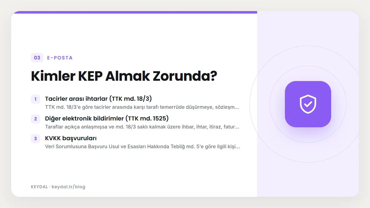 Kimler KEP Almak Zorunda? Tacirler arası ihtarlar (TTK md. 18/3), Diğer elektronik bildirimler (TTK md. 1525), KVKK başvuruları