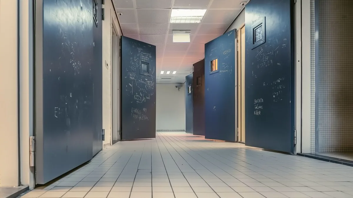 Low angle view of a modern hallway with open blue doors