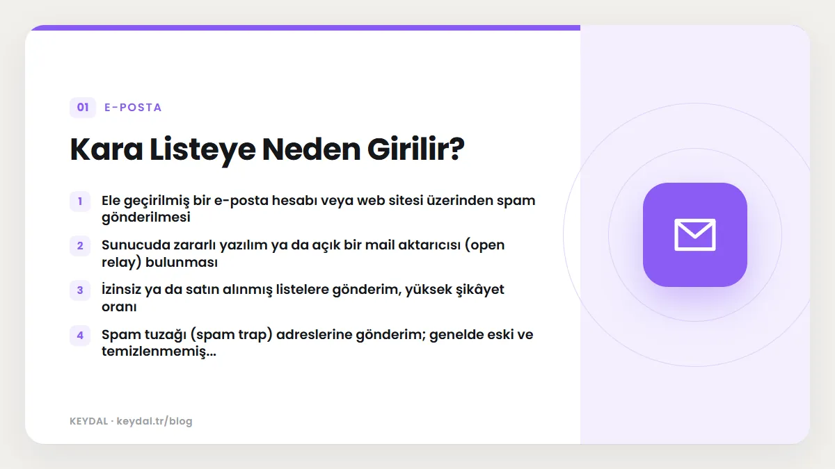 Kara Listeye Neden Girilir? Ele geçirilmiş bir e-posta hesabı veya web sitesi üzerinden spam gönderilmesi, Sunucuda zararlı yazılım ya da açık bir mail aktarıcısı (open relay)...