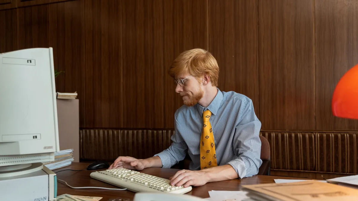 Man in 80s office setting working at old computer embody