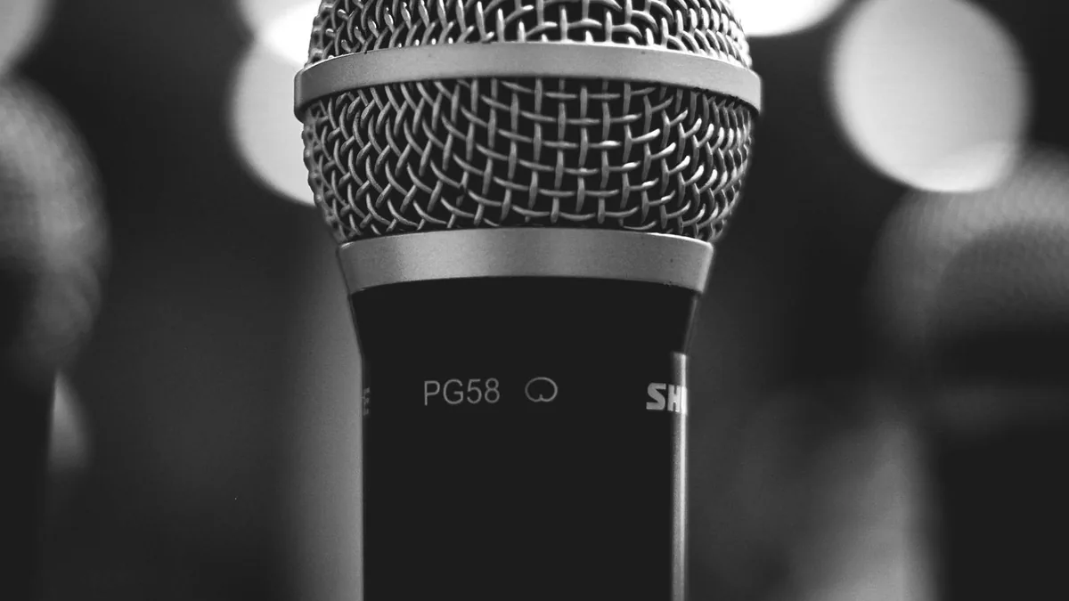 Monochrome close up of a pg58 microphone ideal for audio