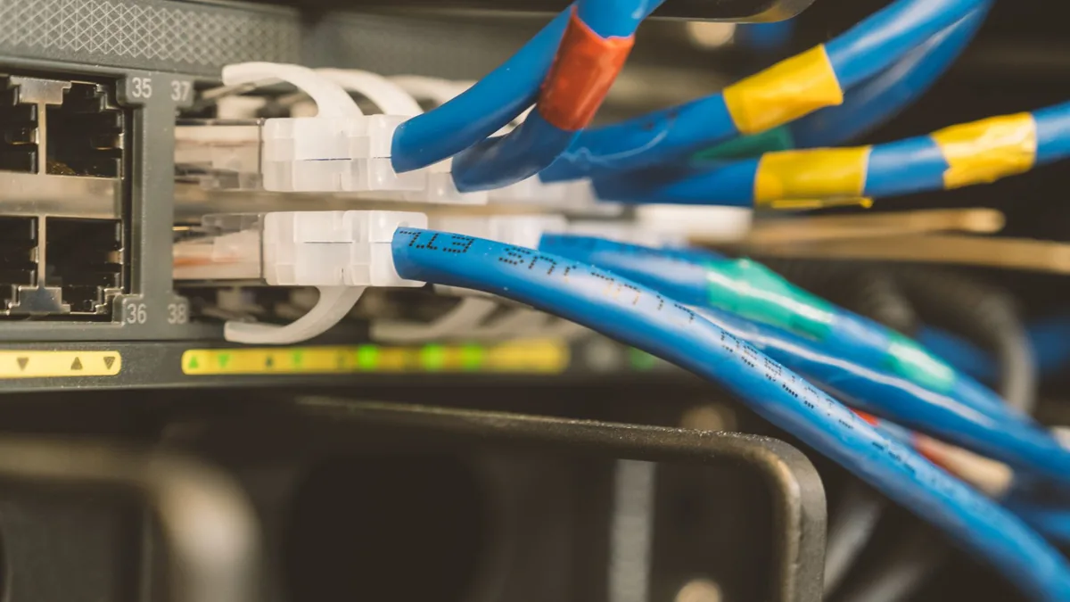 Network switch and blue ethernet cable with white tips c