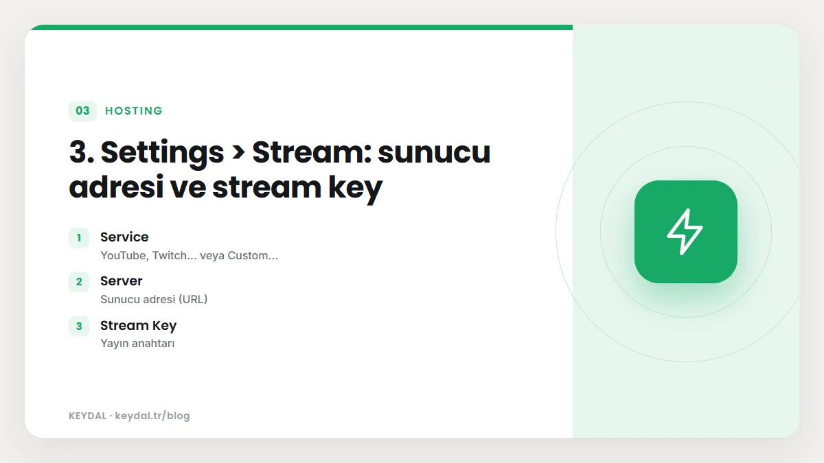 3. Settings > Stream: sunucu adresi ve stream key: Service, Server, Stream Key