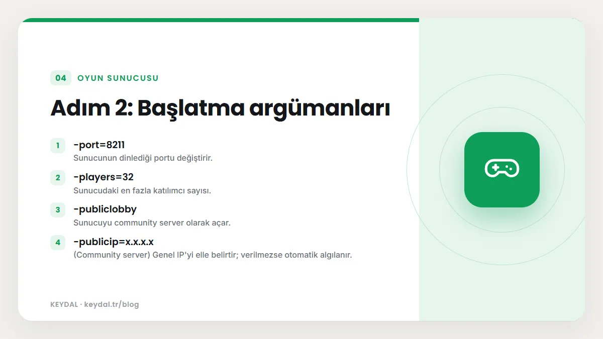 Adım 2: Başlatma argümanları: -port=8211, -players=32, -publiclobby, -publicip=x.x.x.x