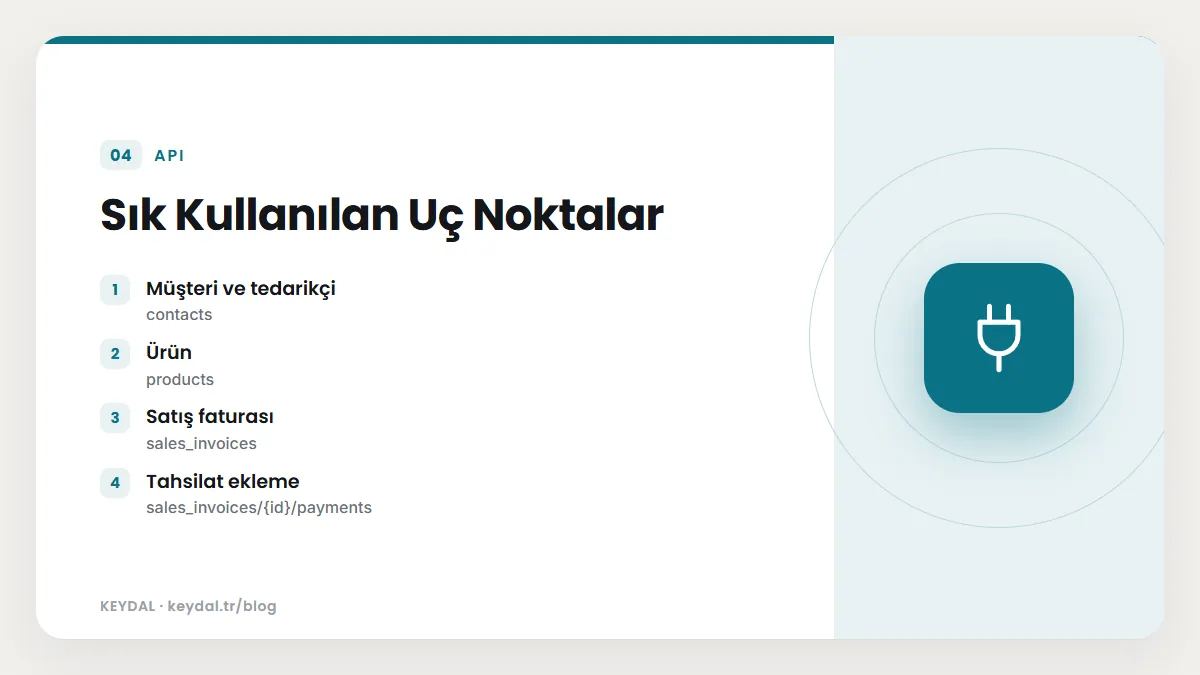 Sık Kullanılan Uç Noktalar: Müşteri ve tedarikçi, Ürün, Satış faturası, Tahsilat ekleme