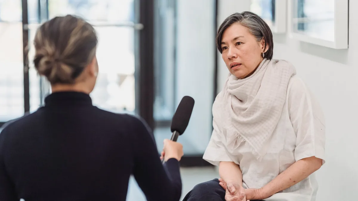 Professional interview setting with a female journalist