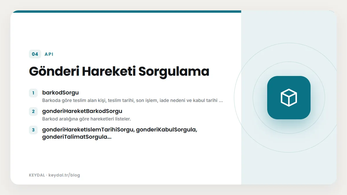 Gönderi Hareketi Sorgulama: barkodSorgu, gonderiHareketBarkodSorgu, gonderiHareketIslemTarihiSorgu, gonderiKabulSorgula, gonderiTalimatSorgula...