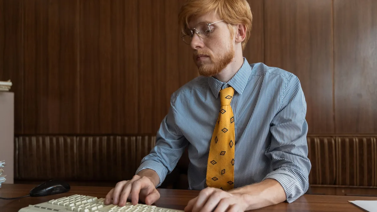 Red haired man with glasses typing on a vintage keyboard