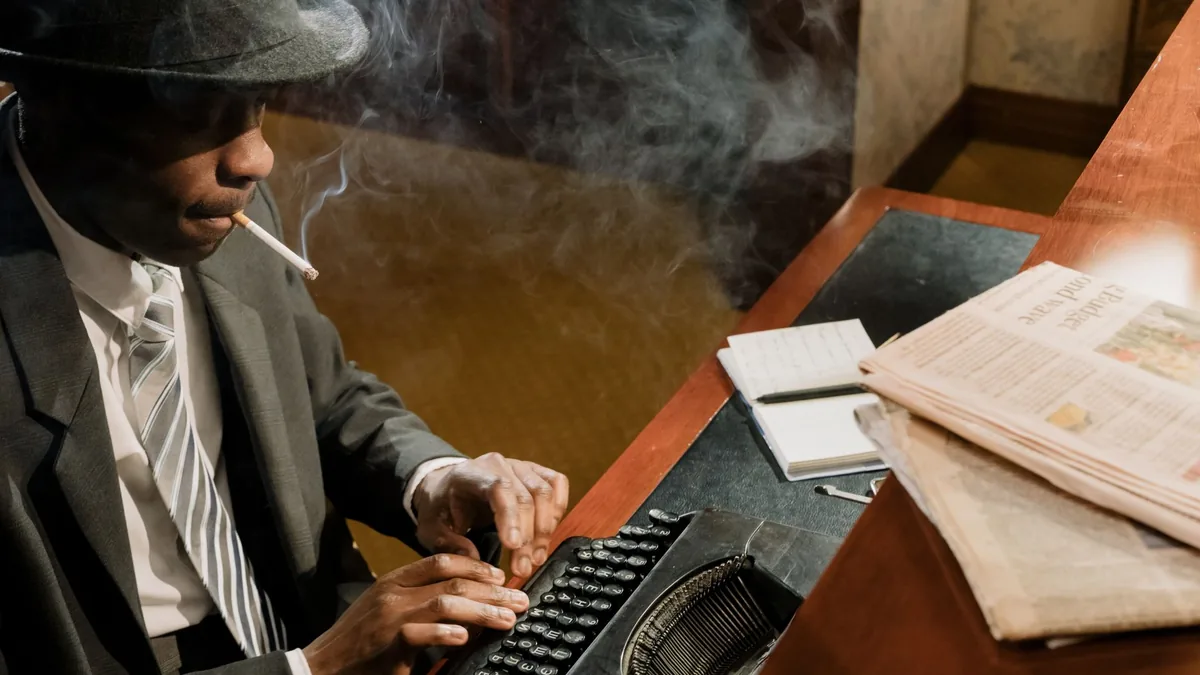 Retro cinematic scene of a detective typing on a vintage