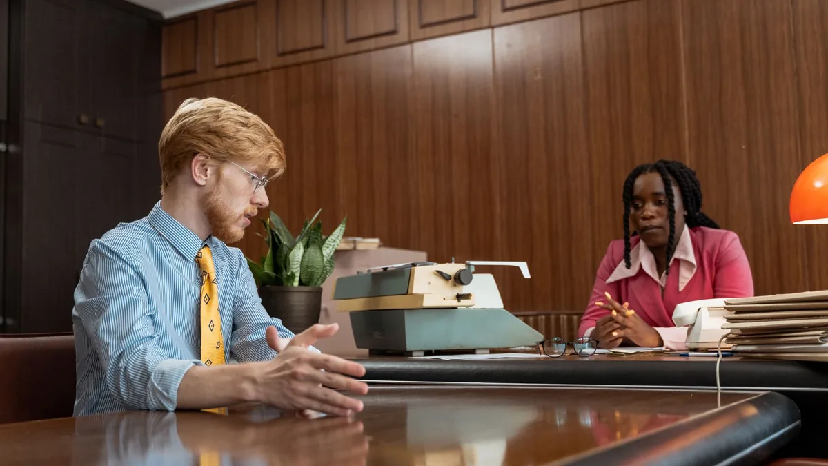 Retro office with two professionals discussing over a de