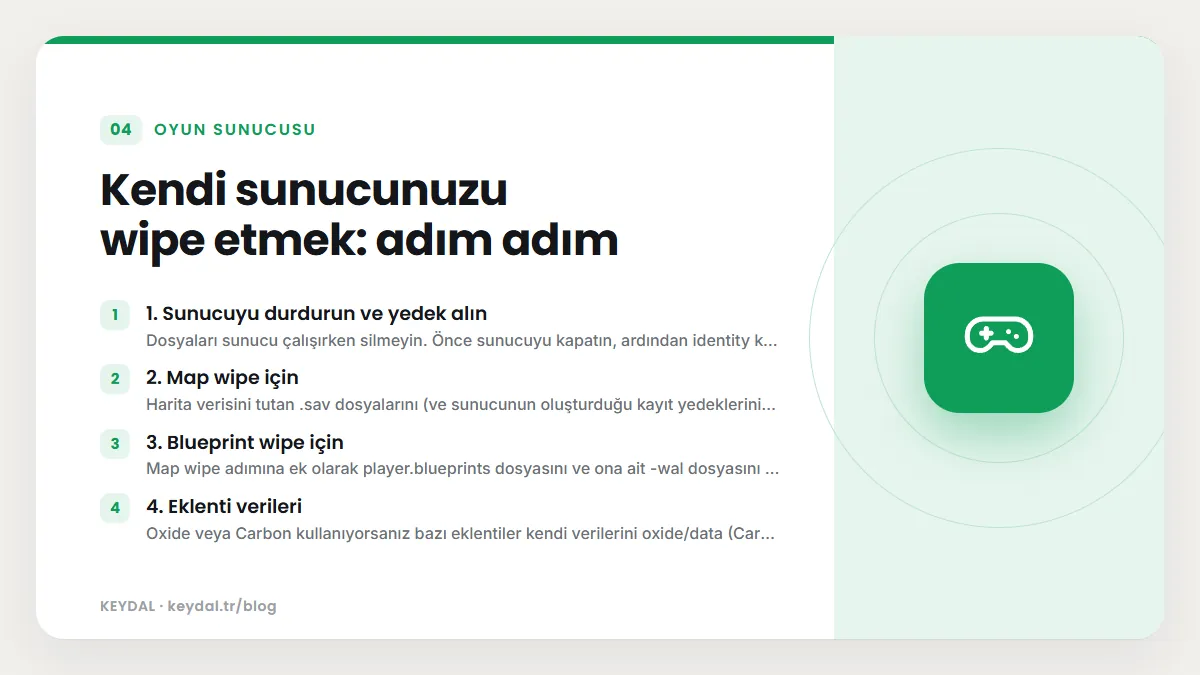Kendi sunucunuzu wipe etmek: adım adım: 1. Sunucuyu durdurun ve yedek alın, 2. Map wipe için, 3. Blueprint wipe için, 4. Eklenti verileri