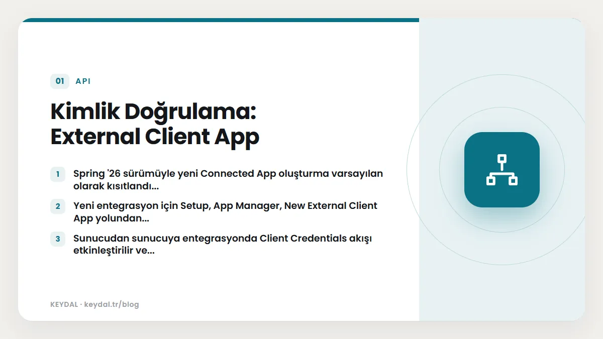 Kimlik Doğrulama: External Client App: Spring '26 sürümüyle yeni Connected App oluşturma varsayılan olarak kısıtlandı..., Yeni entegrasyon için Setup, App Manager, New External...
