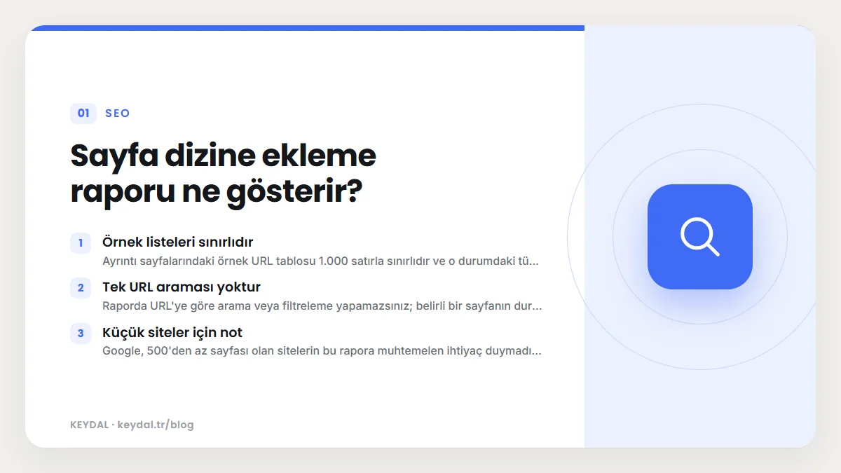 Sayfa dizine ekleme raporu ne gösterir? Örnek listeleri sınırlıdır, Tek URL araması yoktur, Küçük siteler için not