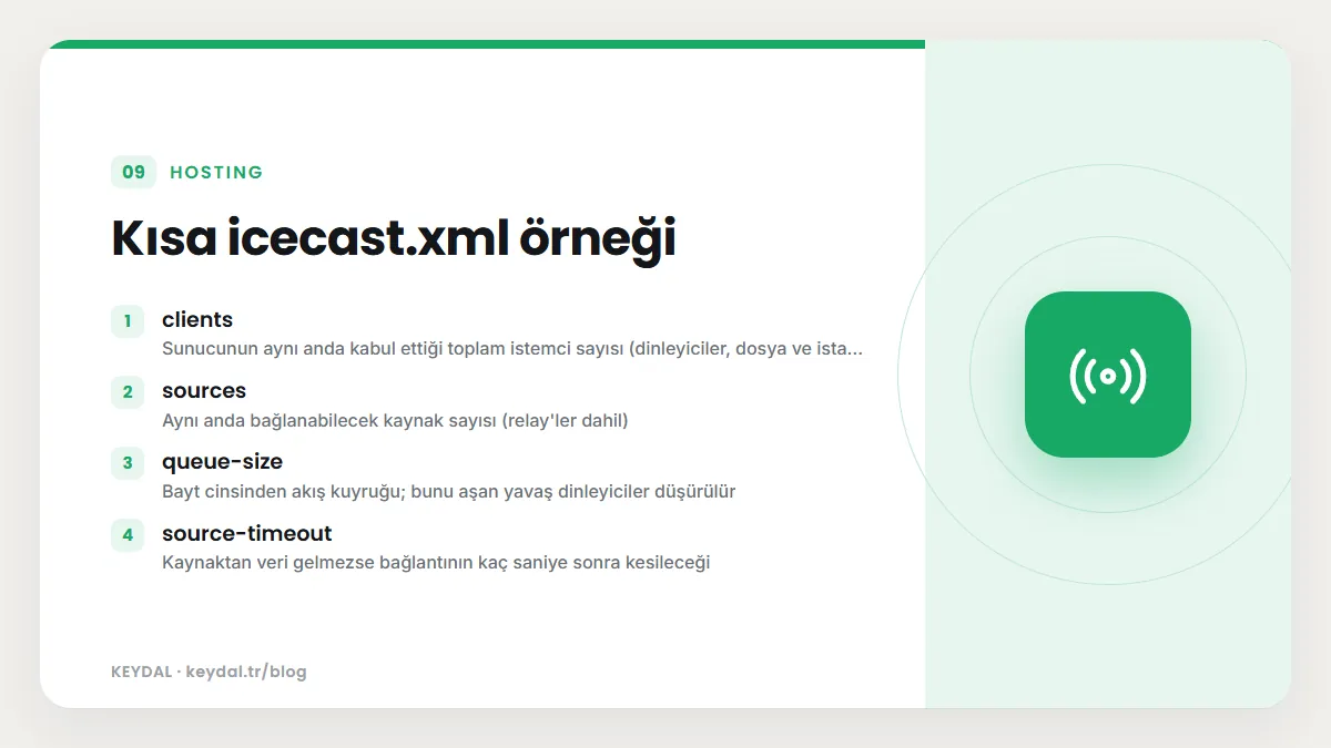 Kısa icecast.xml örneği: clients, sources, queue-size, source-timeout