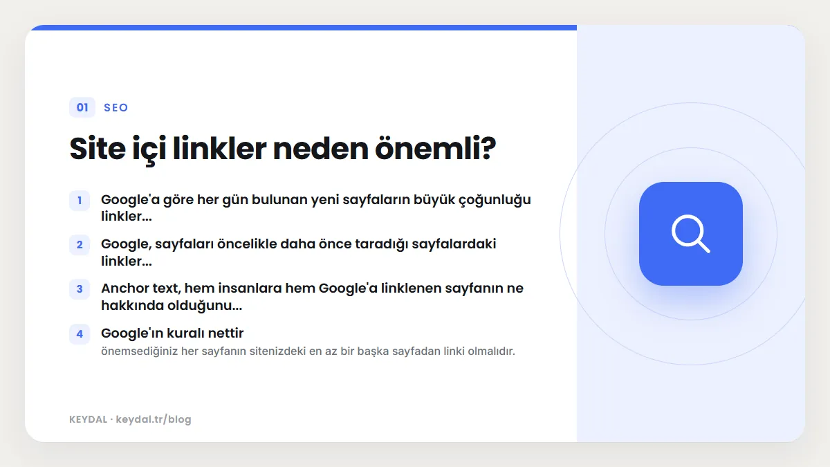 Site içi linkler neden önemli? Google'a göre her gün bulunan yeni sayfaların büyük çoğunluğu linkler..., Google, sayfaları öncelikle daha önce taradığı sayfalardaki linkler...