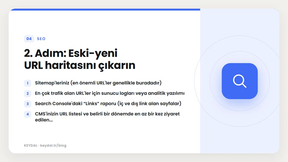 2. Adım: Eski-yeni URL haritasını çıkarın: Sitemap'leriniz (en önemli URL'ler genellikle buradadır), En çok trafik alan URL'ler için sunucu logları veya analitik yazılımı, Search...