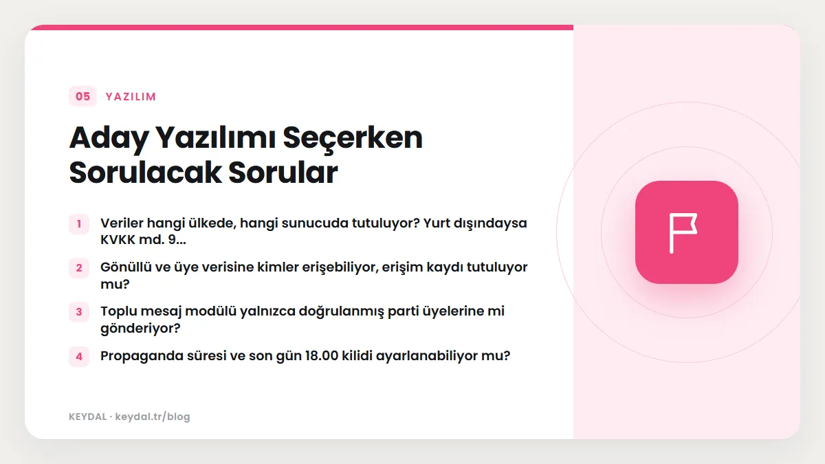 Aday Yazılımı Seçerken Sorulacak Sorular: Veriler hangi ülkede, hangi sunucuda tutuluyor? Yurt dışındaysa KVKK md. 9..., Gönüllü ve üye verisine kimler erişebiliyor, erişim kaydı...