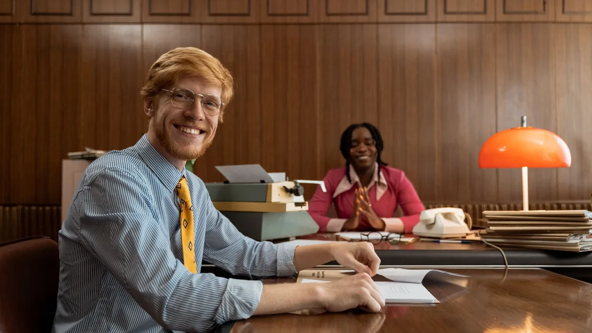 Smiling professionals in vintage office setting with typ