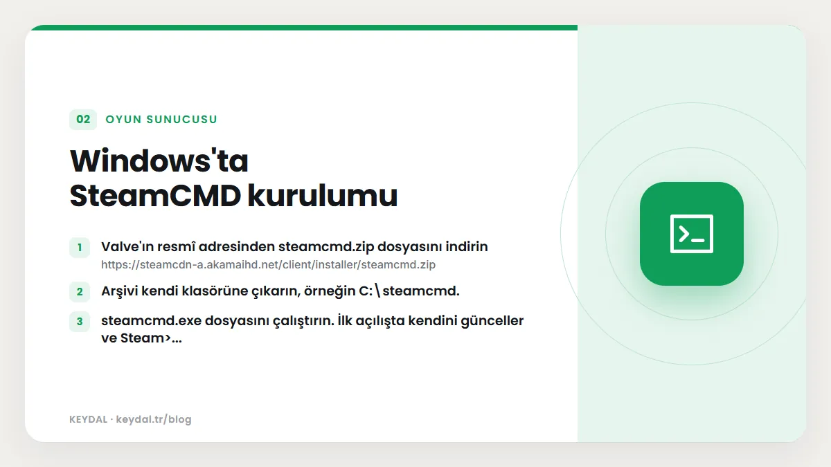Windows'ta SteamCMD kurulumu: Valve'ın resmî adresinden steamcmd.zip dosyasını indirin, Arşivi kendi klasörüne çıkarın, örneğin C:\steamcmd., steamcmd.exe dosyasını çalıştırın...