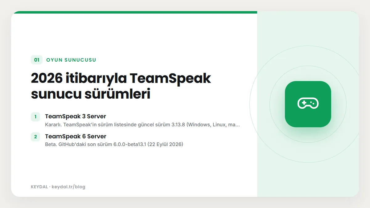 2026 itibarıyla TeamSpeak sunucu sürümleri: TeamSpeak 3 Server, TeamSpeak 6 Server