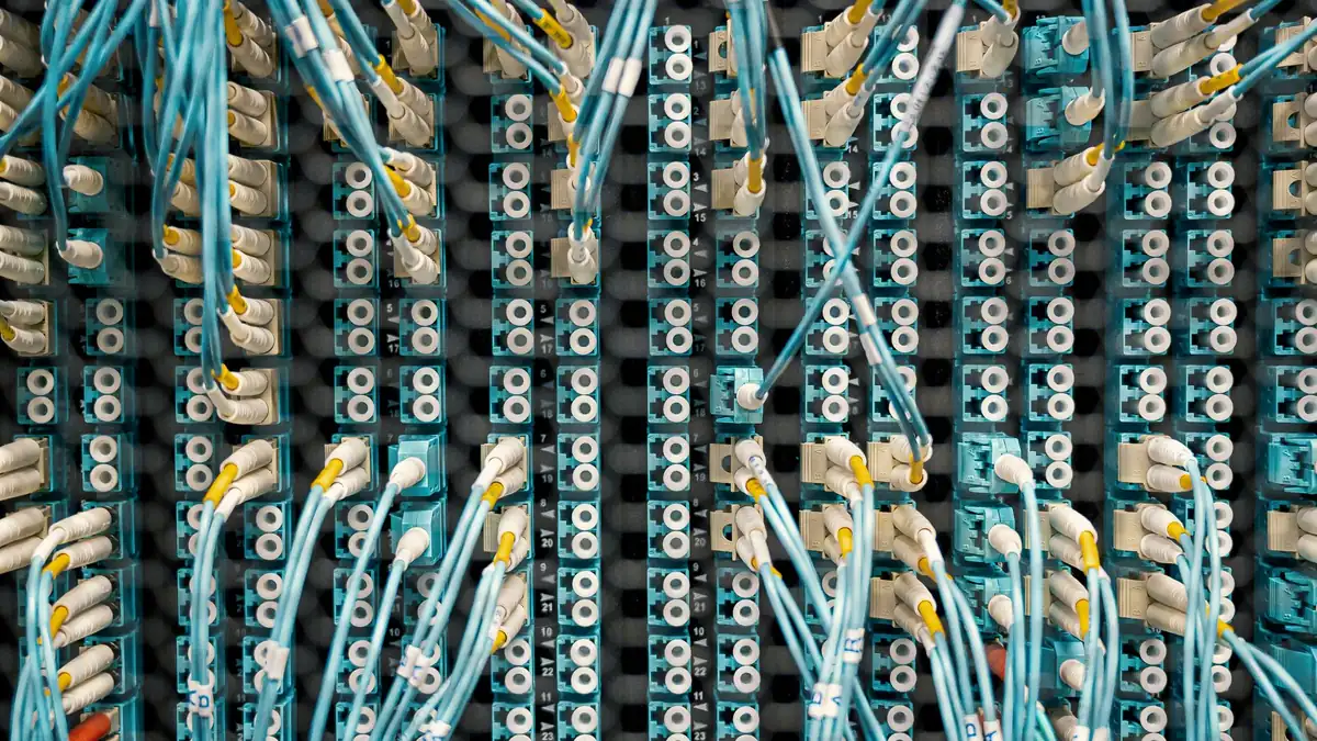 Top view of fiber optic cables connected to ports in mod