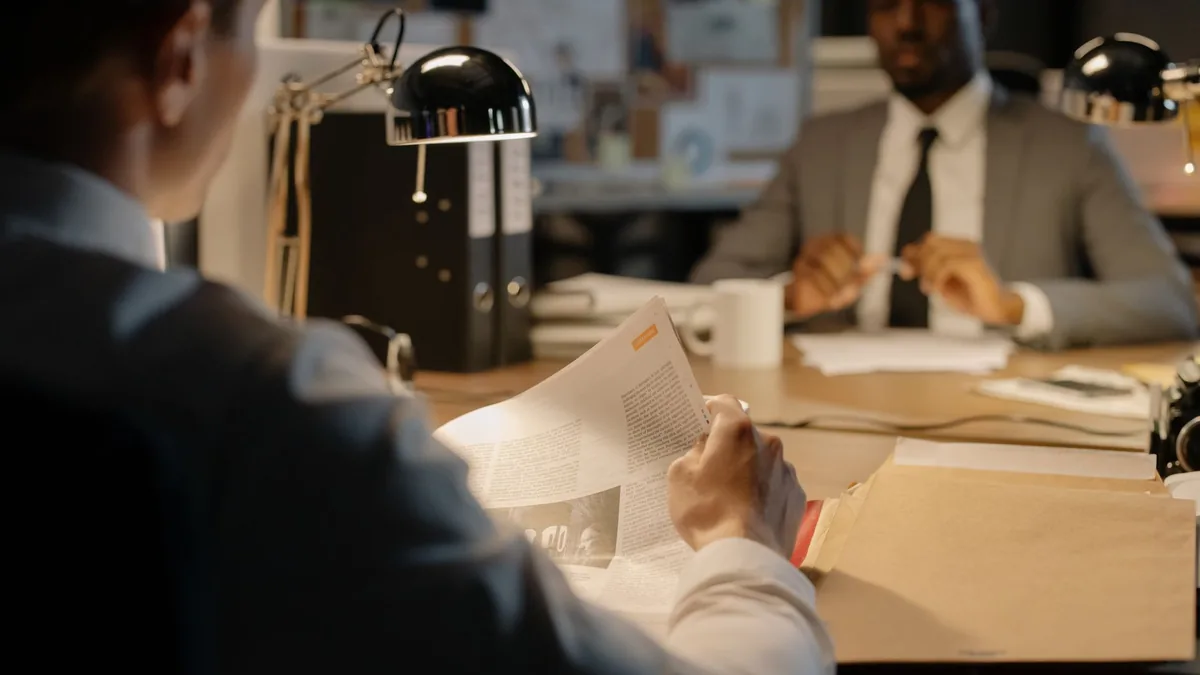 Two businessmen discuss strategies over documents in a w