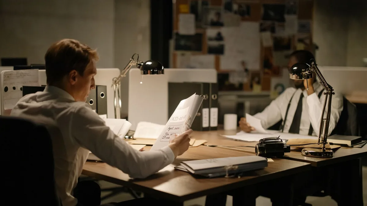 Two detectives analyzing documents in an office setting