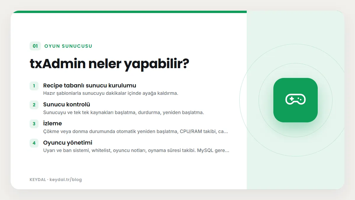 txAdmin neler yapabilir? Recipe tabanlı sunucu kurulumu, Sunucu kontrolü, İzleme, Oyuncu yönetimi