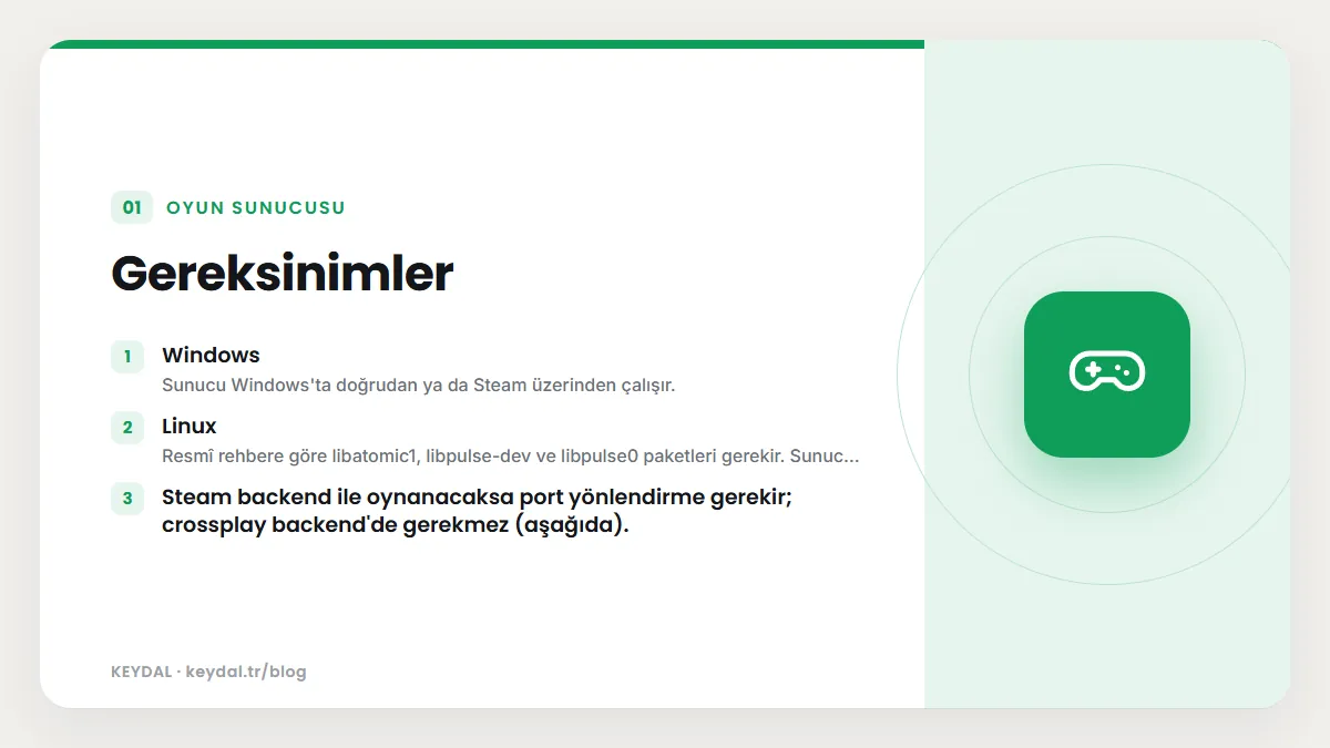 Gereksinimler: Windows, Linux, Steam backend ile oynanacaksa port yönlendirme gerekir; crossplay backend'de gerekmez (aşağıda).